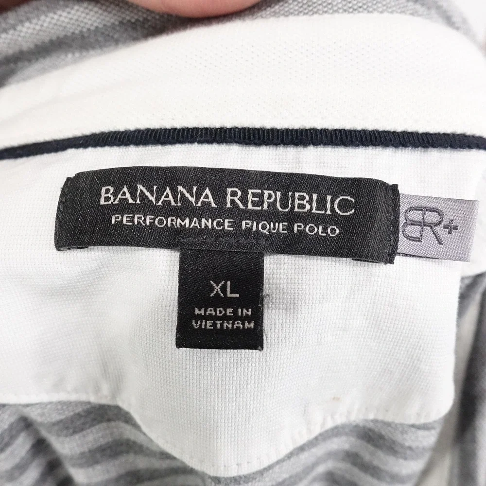Banana Republic Shirt Mens XL Gray White Striped‎ Performance Pique Polo Casual
